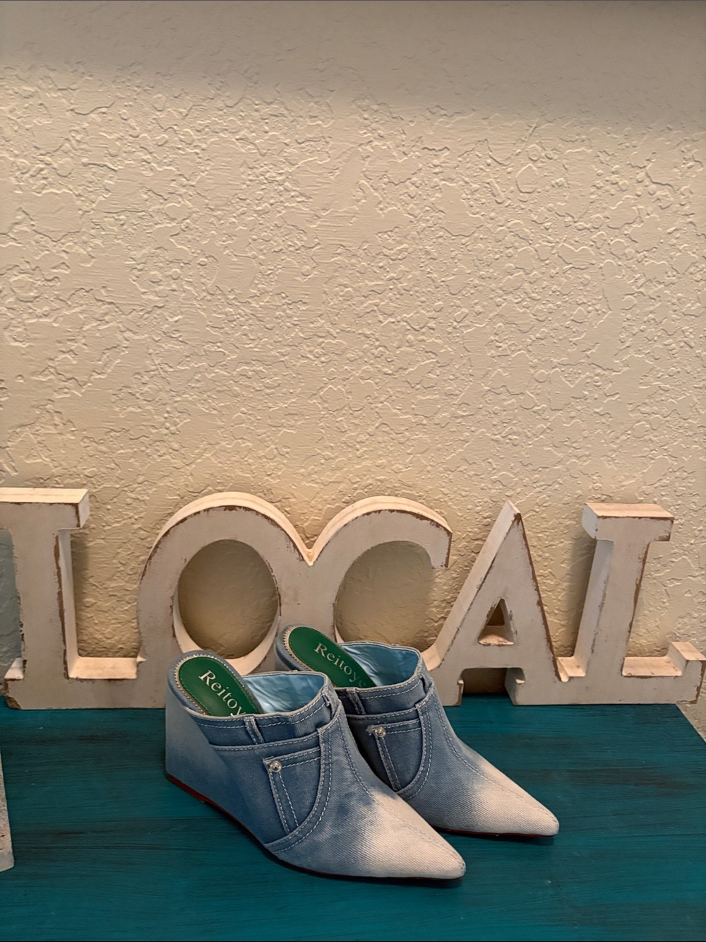 Reloy Blue Denim Pointed Wedge Mules